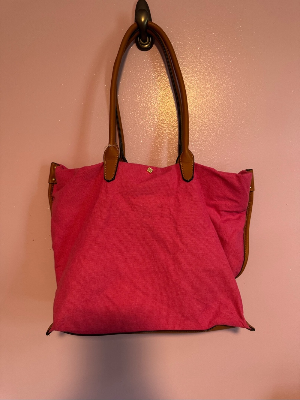 crown & ivy Pink Canvas Tote with Brown Trim